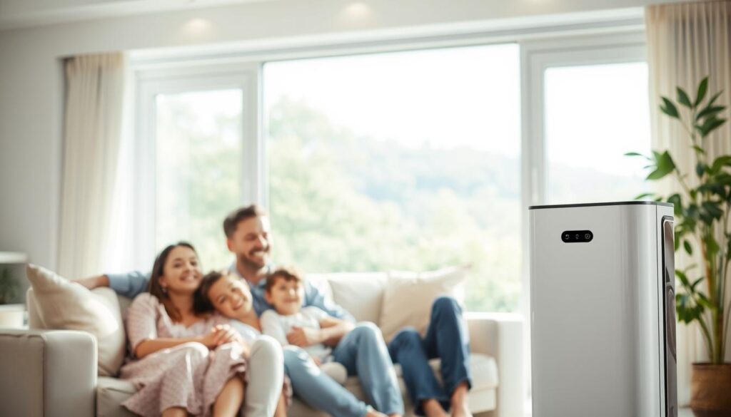 A bright, well-lit indoor scene showcasing the health benefits of a high-quality air purifier. In the foreground, a family of four - parents and two children - relaxing comfortably in a living room, their faces radiant and at ease. The air appears crisp and clean, with subtle dust motes dancing in the sunlight. In the middle ground, the sleek, modern air purifier stands prominently, its intuitive controls and display panels visible. The background features expansive windows overlooking a lush, verdant outdoor landscape, reinforcing the connection between clean indoor air and a healthy, vibrant environment. Soft, diffused lighting from multiple sources creates a warm, inviting ambiance, underscoring the notion of a safe, rejuvenating indoor oasis.