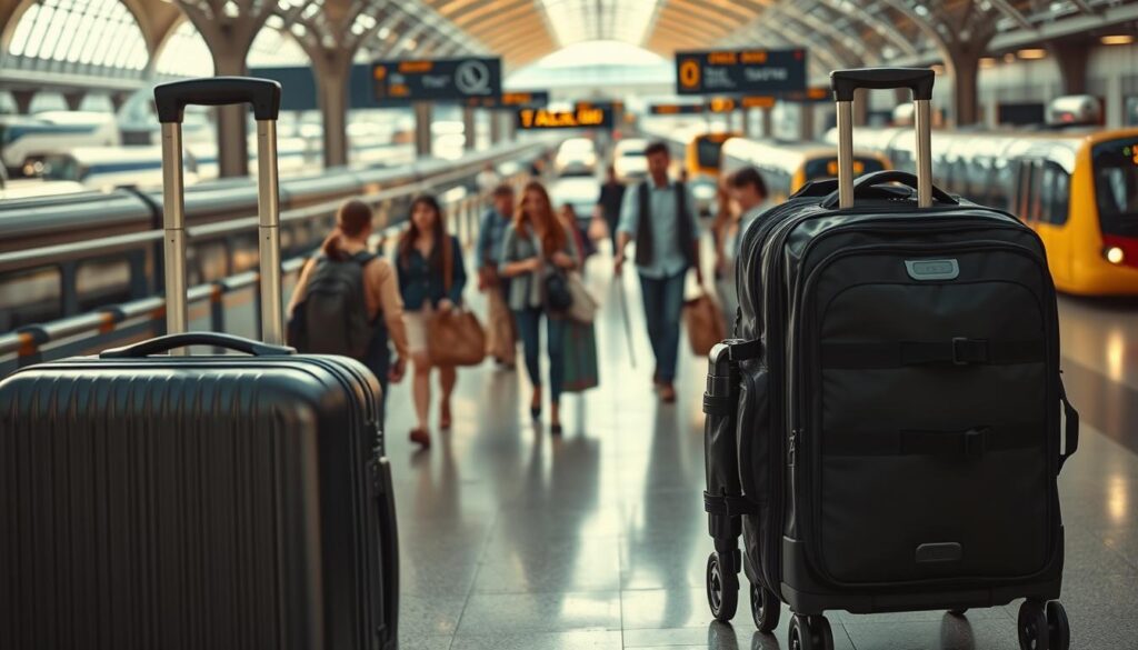 A bustling transportation hub, with a diverse array of luggage options artfully displayed. In the foreground, a well-lit close-up of a rolling suitcase, a backpack, and a durable carry-on trolley, showcasing their distinct designs and features. In the middle ground, commuters hurry through the scene, their choices of luggage reflecting their travel needs. The background offers a panoramic view of the terminal, with trains, buses, and taxis arriving and departing, creating a sense of movement and connection. Warm, natural lighting enhances the scene, casting subtle shadows and highlights that accentuate the textures and materials of the various travel accessories. The overall atmosphere conveys the importance of selecting the right transportation mode and luggage to ensure a smooth and comfortable journey.
