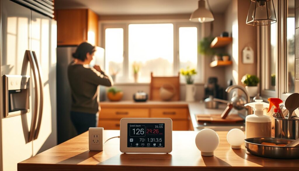 A cozy kitchen interior, bathed in warm, natural lighting. The focus is on energy-saving measures like an energy-efficient refrigerator, smart power strips, and LED light bulbs. In the foreground, a person adjusts the thermostat, mindful of heat conservation. On the countertop, a power usage monitor displays real-time data, empowering the occupant to understand and reduce their household electricity consumption. The middle ground features neatly organized cleaning supplies and cooking utensils, showcasing a tidy, well-maintained environment. In the background, large windows allow sunlight to flood the space, minimizing the need for artificial lighting. An overall atmosphere of practicality, environmental consciousness, and a sense of control over one's energy use.