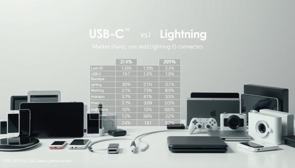 A detailed infographic depicting the market share and proliferation of USB-C and Lightning connectors across various electronic devices. The foreground showcases a diverse array of modern gadgets, from smartphones and laptops to tablets and gaming consoles, each prominently displaying their respective connector types. The middle ground features a grid-like layout highlighting the relative adoption and usage statistics of USB-C and Lightning, presented in a clear and concise manner. The background subtly accentuates the technological landscape, with subtle gradients and geometric patterns that complement the overall design. The lighting is soft and diffused, creating a sense of balance and sophistication. The camera angle is a slightly elevated, three-quarter view, providing an optimal perspective to convey the comparative information in an engaging and visually appealing way.
