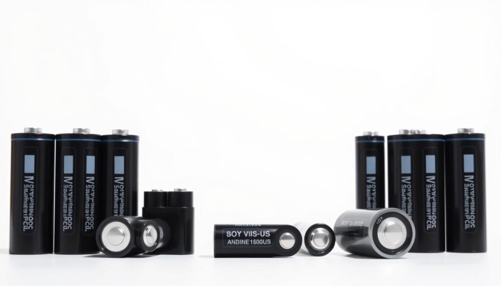 A neatly arranged set of rechargeable batteries against a clean, well-lit background. The batteries are displayed in the foreground, showcasing their sleek, modern design and sturdy construction. The middle ground features a minimalist, white backdrop, allowing the batteries to take center stage. The lighting is soft and diffused, creating a sense of clarity and professionalism. The overall composition conveys a focus on the safety standards and quality of the batteries, reflecting the importance of this topic within the article.