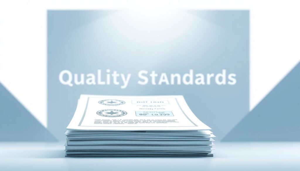 A professional, modern-looking illustration of quality standards and certifications. In the foreground, a stack of official-looking documents and certificates, each with a unique stamp or seal. Behind them, a backdrop of geometric shapes and clean lines, conveying a sense of structure and organization. The lighting is soft and diffused, creating a subtle sense of depth and dimension. The color palette is muted, with shades of blue, gray, and white predominating, to reinforce the authoritative and trustworthy nature of the subject matter. The overall composition is balanced and symmetrical, reflecting the rigor and attention to detail inherent in quality assurance processes.