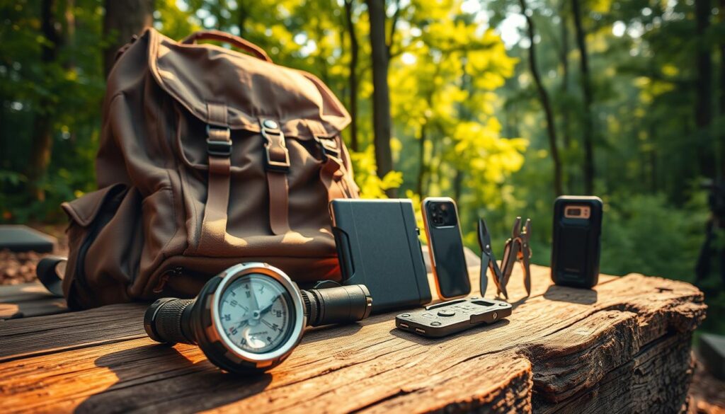 A rugged outdoor scene, showcasing an array of "technische Helfer" - essential gadgets and tools for off-grid adventures. In the foreground, a weathered backpack, compass, and a compact, high-powered flashlight lies atop a sturdy wooden surface, bathed in warm, golden natural light. In the middle ground, a sleek, portable power bank and a multi-tool with various attachments sit alongside a durable, water-resistant smartphone case. The background depicts a lush, verdant forest canopy, hinting at the wilderness beyond, creating a sense of adventure and self-reliance. The overall mood is one of exploration, preparedness, and a connection to the great outdoors.