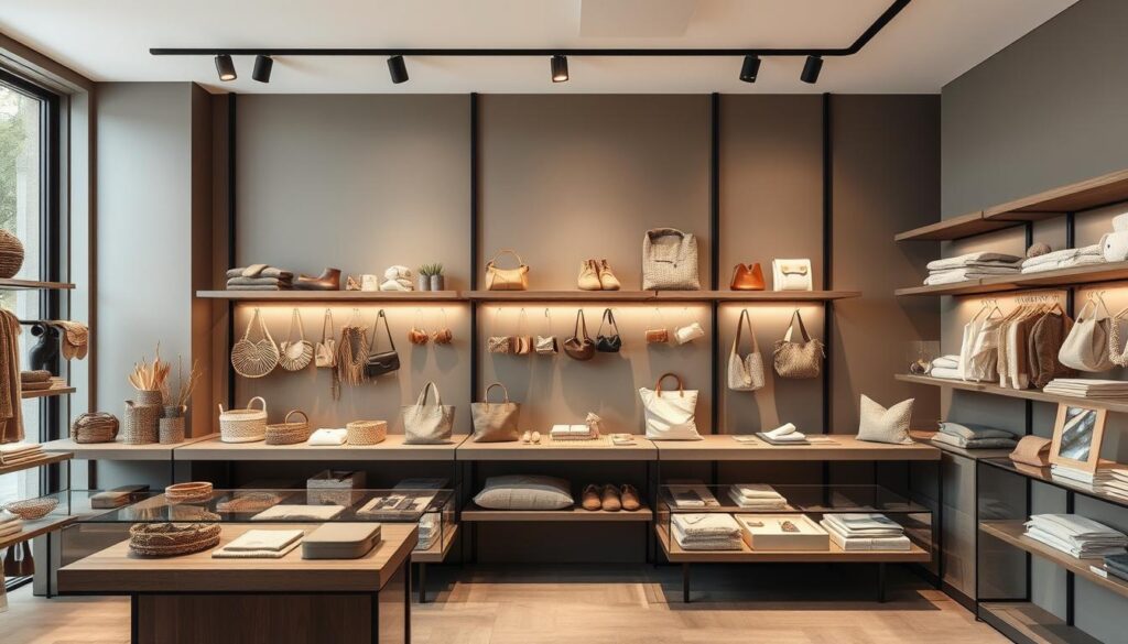 A sleek, minimalist retail display showcasing a curated selection of sustainable accessories in a modern, well-lit Zubehör-Markt. Environmentally-conscious materials like bamboo, recycled plastics, and natural fabrics take center stage, arranged artfully against a backdrop of muted tones and clean lines. Soft, diffused lighting casts a warm glow, highlighting the products' organic textures and eco-friendly features. Shelves and display cases are meticulously organized, inviting the shopper to explore these conscientious alternatives to traditional accessories. An atmosphere of understated elegance and responsible consumerism pervades the scene, reflecting the growing demand for thoughtful, sustainable choices in the accessories market.