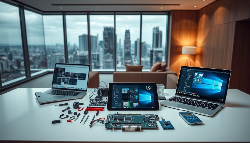A sleek, modern interior with various technological devices arranged on a minimalist desk. The foreground features a laptop, tablet, and smartphone, each showcasing different user interfaces and applications. In the middle ground, an array of engineering tools and components, such as circuits, microchips, and 3D-printed parts, suggest the process of product development. The background depicts a large window overlooking a cityscape, providing a sense of the broader context and perspectives on technology. Soft, indirect lighting creates a warm, contemplative atmosphere, inviting the viewer to consider the balance between form, function, and user experience in technological products.