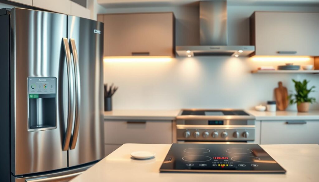 A sleek, modern kitchen interior with state-of-the-art energy-efficient household appliances. In the foreground, a stainless steel refrigerator showcases its impressive energy rating and smart technology. In the middle ground, a sophisticated induction cooktop and oven demonstrate their efficient heating and temperature controls. The background features neatly organized cabinets and shelves, highlighting the harmonious integration of function and design. Soft, warm lighting illuminates the scene, creating an atmosphere of domestic efficiency and environmental consciousness. The composition emphasizes the seamless blend of high-performance and energy-saving features that modern households demand.