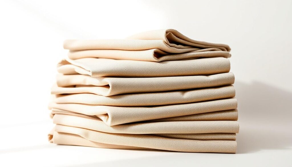 A stack of recycled polyester fabric swatches, neatly arranged against a bright, minimalist background. The material has a soft, matte texture with subtle tonal variations, showcasing its eco-friendly nature. Diffused, natural lighting creates a warm, inviting atmosphere, highlighting the material's sustainable qualities. The composition is balanced, with the fabric samples taking center stage, conveying a sense of responsible, high-quality craftsmanship. This image represents the durable and environmentally conscious choices available in the world of fashion and textiles.