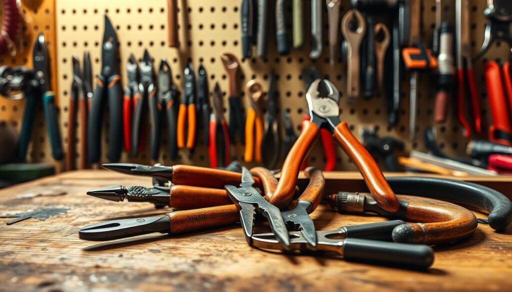 A well-lit, detailed still life showcasing a practical set of pliers, wire cutters, and other essential hand tools for the home workshop. The tools are neatly arranged on a wooden workbench, their metal surfaces reflecting the warm lighting. In the background, a wall-mounted pegboard displays a variety of other tools, creating a sense of a functional, well-equipped workspace. The composition emphasizes the utility and craftsmanship of the tools, inviting the viewer to imagine using them for various DIY projects around the home. The overall mood is one of organized productivity and the satisfaction of hands-on work.