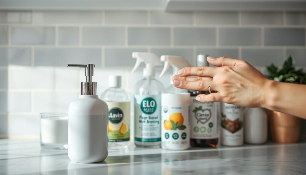 A well-lit kitchen counter showcasing a range of eco-friendly, hypoallergenic household products. In the foreground, a gentle hand gently wipes down a sleek, fragrance-free soap dispenser, highlighting its simple yet effective design. In the middle ground, a variety of plant-based, dye-free cleaning supplies are neatly arranged, their labels prominently displaying their allergen-free credentials. The background features a serene, minimalist tiled backsplash, creating a calming, spa-like atmosphere. The overall scene conveys a sense of care, attention to detail, and a commitment to creating a safe, healthy living environment for those with sensitivities.