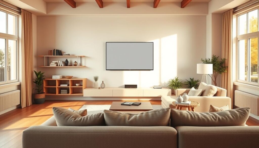 A well-lit living room interior with a cozy seating arrangement in the foreground. The focal point is a large, high-definition television screen mounted on the wall, surrounded by minimalist shelving and decor. The viewer is positioned at the recommended optimal viewing distance, showcasing the ideal Sitzabstand for the given screen size. The room features warm, natural lighting from large windows, creating a pleasant, inviting atmosphere. The flooring is a smooth hardwood, and the walls are painted in a neutral, calming color palette. The furniture, such as a plush sofa and armchair, are placed in a balanced, symmetrical layout to enhance the viewing experience.