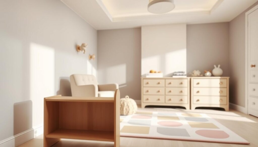A well-lit, modern nursery scene with safe, child-friendly furniture. In the foreground, a sturdy, low-profile wooden bookshelf and a padded armchair with rounded edges. The middle ground features a large, soft play mat with pastel-colored geometric shapes. In the background, a minimalist dresser with rounded corners and safety latches on the drawers. Soft, diffused lighting from overhead sources creates a warm, inviting atmosphere. The overall design prioritizes functionality, durability, and child safety, reflecting the importance of carefully selecting furniture for a child's bedroom.