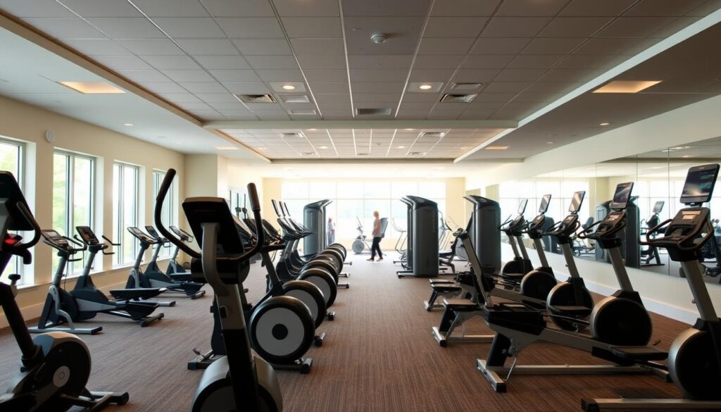 A well-lit, spacious gym setting with modern, senior-friendly fitness equipment arranged in an inviting, easy-to-navigate layout. In the foreground, a variety of low-impact machines like stationary bikes, ellipticals, and recumbent steppers, designed with stability, support, and ergonomics in mind. In the middle ground, weight training stations featuring adjustable, user-friendly resistance equipment. The background showcases an expansive, naturally lit space with ample room for movement and social interaction. The overall atmosphere conveys a sense of safety, accessibility, and community, catering to the unique needs and comfort levels of older adults seeking to maintain their health and vitality.