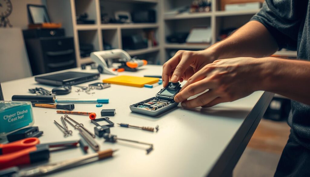 A well-lit workshop scene, with a person's hands carefully disassembling a small electronic device on a clean workbench. The device's inner components are visible, and various tools and spare parts are neatly organized nearby. The room has a sense of focus and precision, with warm lighting highlighting the intricate process. In the background, shelves hold additional devices, suggesting a workspace dedicated to self-repair and maintenance. The overall atmosphere conveys a DIY ethos of empowerment and extending the lifespan of technology through hands-on tinkering.