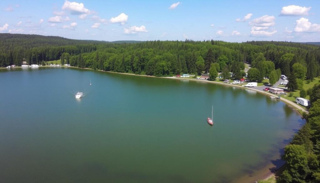 Camping- & Ferienpark Teichmann mit Blick auf den See und die umliegenden Wälder Camping- & Ferienpark Teichmann mit Blick auf den See und die umliegenden Wälder