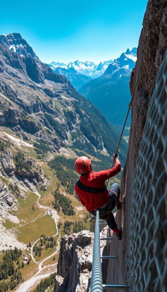 Klettersteig in den deutschen Alpen mit spektakulärer Aussicht und Sicherungsseil Klettersteig in den deutschen Alpen mit spektakulärer Aussicht und Sicherungsseil